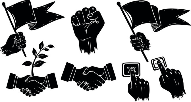 Black silhouette clenched fist raised holding flag with handshake and plant growth flat design style vector art