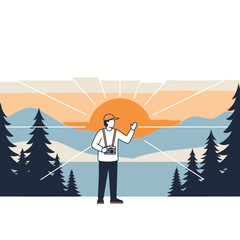 Obraz premium Adventurous Photographer Capturing Majestic Mountain Sunrise Views With Pine Forest Scenery