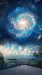 Obraz premium Panoramic View from Balcony Overlooking a Cityscape with a Swirling Galaxy in the Night Sky