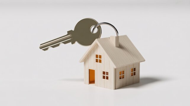 Symbolic representation of home ownership and real estate investment a tiny white house model attached to a metallic key on a silver keyring symbolizing the concept of buying