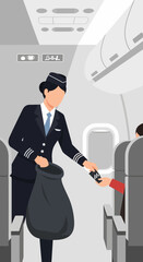 Obraz premium Airline Crew Member Offering Comfort Items To Passenger Inside Airplane Cabin Illustration