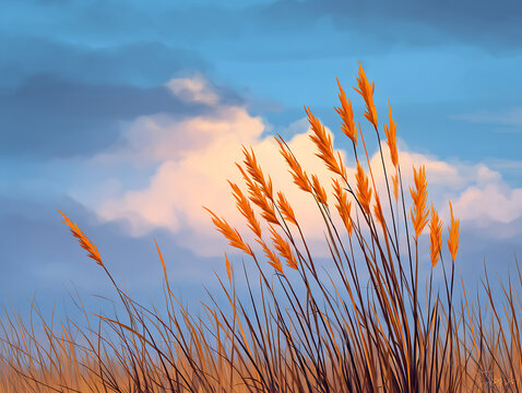 Tall brown grasses rustling in wind under t ced597a2-f911-452c-95e1-101ad46aa5a7 wide composition