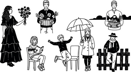 Obraz premium Black and white vector art of diverse people holding baskets and flowers with child jumping and girl reading sitting on chair isolated on white background