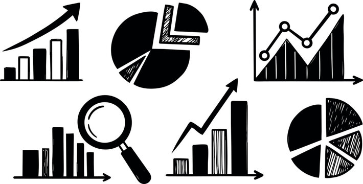 Hand drawn sketch analytics icons showing bar charts pie graphs magnifying glass and rising arrows flat vector business symbols black line