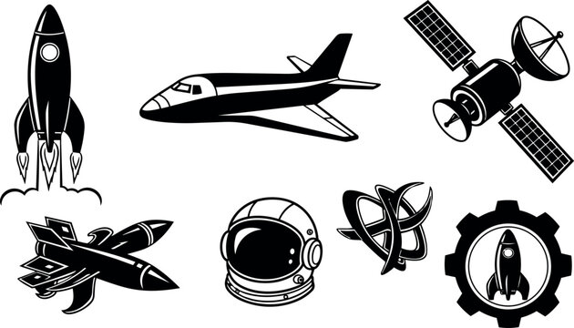 Black and white vector icons of rocket launch, spaceship, satellite, astronaut helmet, space atom and gear symbol in flat design style detailed