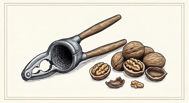 Nutcracker and Walnuts on White Background.