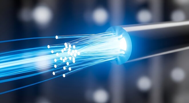 Close-up of glowing optical fibers emitting blue light, technology abstract background