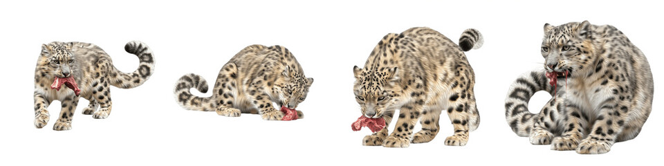 Obraz premium Set of Rare Snow Leopards Eating Raw Meat, Realistic Panthera Uncia Collection in Feeding Poses, Isolated on White Transparent PNG Background