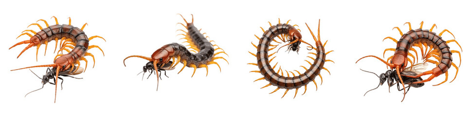 Set of Giant Centipedes Hunting and Eating Prey, Realistic Scolopendra Arthropod Collection in Predator Poses, Isolated on White Transparent PNG Background