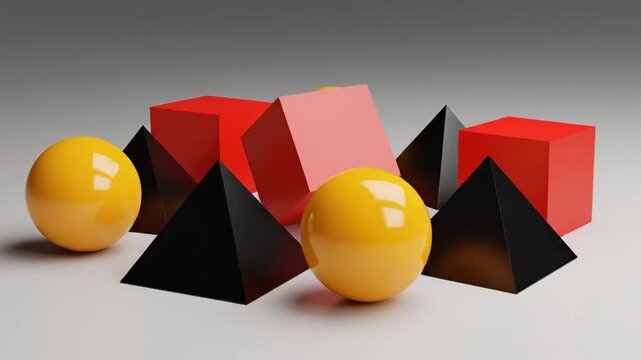 Geometric shapes including spheres and cubes on a gray background for design and education