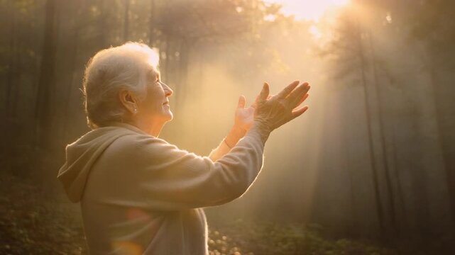 Senior man practicing tai chi in a mystical forest with sun rays