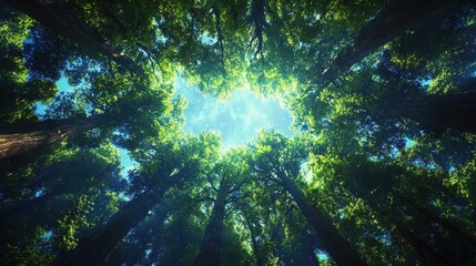 Obraz premium Looking Up Through Giant Redwood Trees Towards a Bright Blue Sky with Sun Rays and Stars