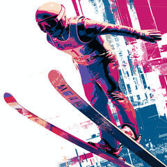 Naklejka na ściany i meble Ski jumping graphic art effect poster. Ski jumping dynamic multicolor graphic wallpaper or banner