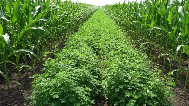 Wide shot of young corn plants intercropped with clover in a fertile field.