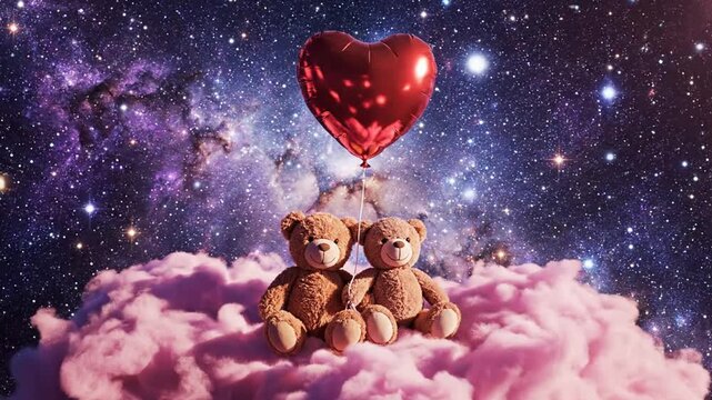 Two adorable teddy bears sitting on fluffy pink cloud with red heart shaped balloon in starry night sky for Valentine's Day or love themed projects