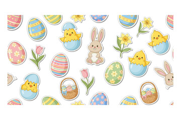 Fototapeta premium Cute Easter eggs, chicks, and bunnies create a delightful seamless pattern, perfect for spring holiday designs and festive decorations.