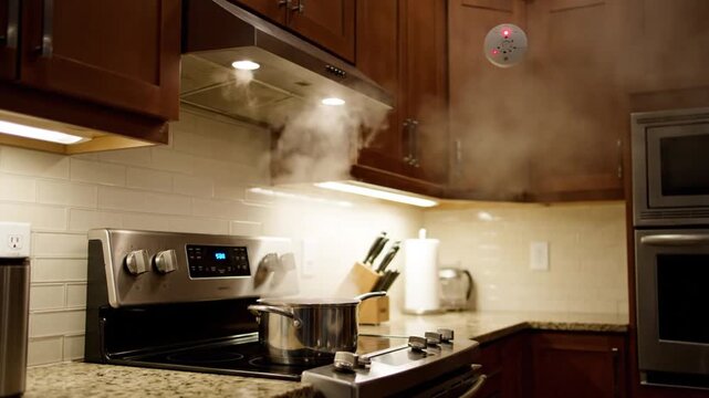 Static shot of smoke alarm blaring loudly due to excessive cooking steam