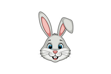 Obraz premium Cartoon rabbit head with big blue eyes and a cheerful smile, featuring long ears and a pink nose, ideal for Easter and children's content.