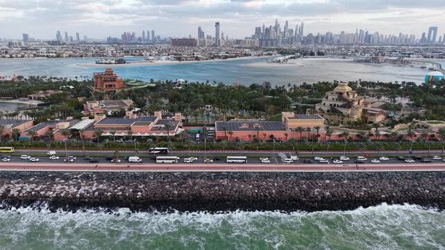 Aerial view of Palm Jumeirah outer crescent in Dubai, United Arab Emirates