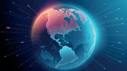 Dark blue vector background. Planet Earth. Abstract technological rings in the orbit of the planet. Global communication system and communication satellites. Religious image. The effect of movement. © vit_mar