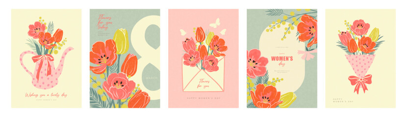 Obraz premium Set of elegant greeting card designs for International Women's Day in a modern style with a grainy texture, featuring images of a watering can with flowers, an envelope, a bouquet with a bow, and