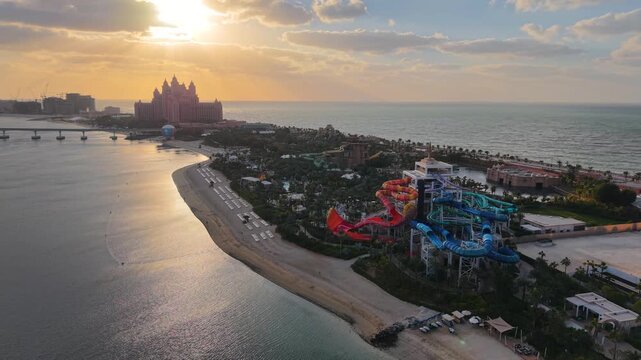 Drone shot of Palm Jumeirah outer crescent in Dubai, United Arab Emirates