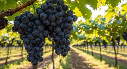 Naklejka premium Close-up of ripe dark grapes hanging on vine with blurry rows of vines in sunlight