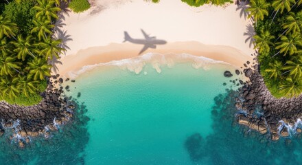 Aerial view of plane shadow on tropical beach