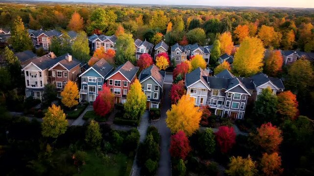 Real estate business market, house home building purchase sale. An aerial view of a residential neighborhood in the fall, with a row of houses surrounded by trees displaying vibrant fall colors.