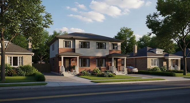 Modern Suburban Homes with Greenery and Driveway.