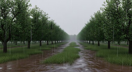 Obraz premium Rows of trees in orchard after rain.