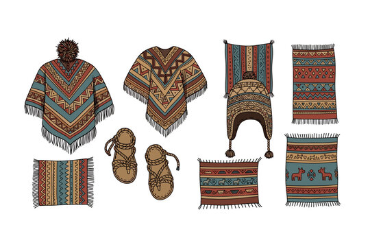 Andean traditional clothing and textiles featuring ponchos, a chullo hat, sandals, and patterned rugs with cultural motifs in a hand-drawn illustration style.