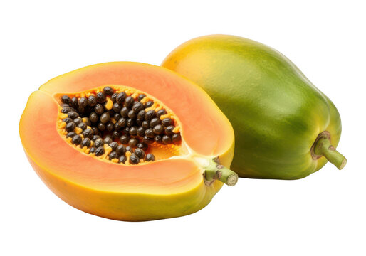 Whole and halved ripe papaya fruit with black seeds isolated on white background