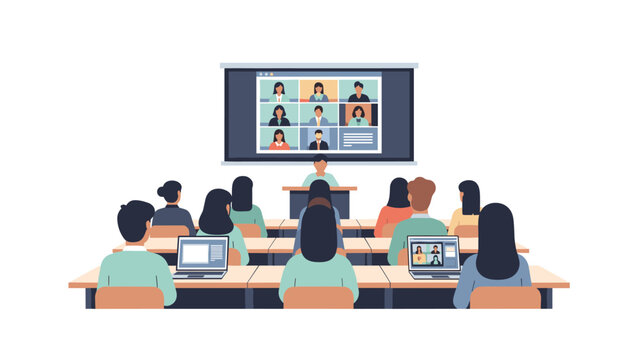 Hybrid learning environment with students in classroom and virtual meeting