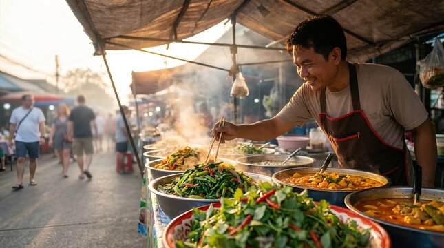 Male vendor in apron serves vibrant dishes at a bustling street food market, with steaming pots and colorful vegetables under a canopy during sunset
