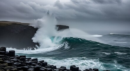 Powerful ocean wave crashing against rocky cliffside on stormy day