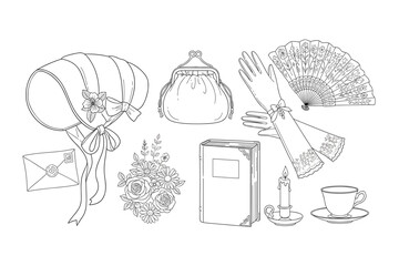 Vintage feminine accessories and objects, including a bonnet, gloves, fan, and teacup, beautifully illustrated in a classic line art style.