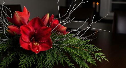 Elegant red amaryllis flowers in Christmas floral arrangement