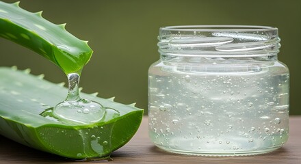 Aloe vera gel in a jar with fresh leaf on wooden table