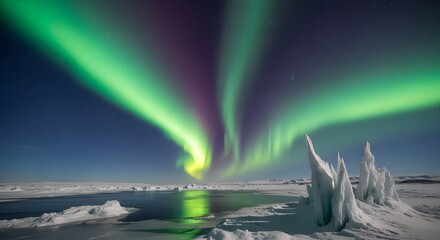 Breathtaking aurora borealis display over icy landscape with frozen lake