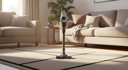 Modern handheld vacuum cleaner standing on stylish living room floor
