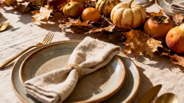 Autumn table setting with rustic plates and linen napkin, pumpkins pears and fallen leaves on dining table, cozy harvest mood for Thanksgiving gathering