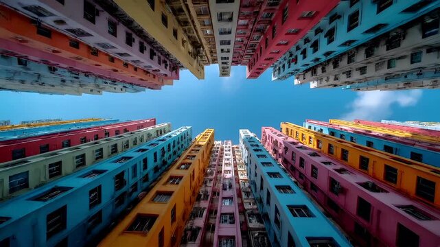 Real estate business market, house home building purchase sale. A vibrant urban scene with a series of multistory buildings, each with a unique color palette of red, blue, yellow, and green.