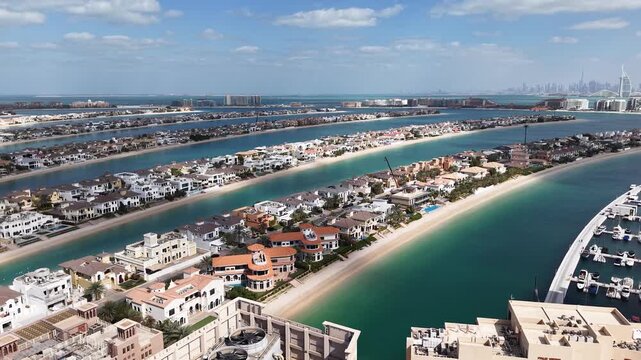 Aerial view of villas on Palm Jumeirah artificial island, Dubai, UAE