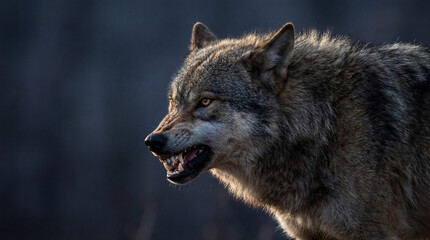 Obraz premium Aggressive wolf with fierce expression showcasing sharp teeth in natural habitat. Powerful wolf in motion emphasizing wild nature and instinctive behavior.