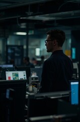 Fototapeta premium Man Standing in Office Looking at Computer Screens During Evening Hours in a Busy Workspace