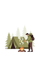 Camping Adventure Man By Campfire In Forest Landscape