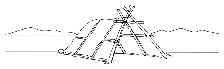 military tent in mountain terrain – outline survival camp illustration © Wieslaw