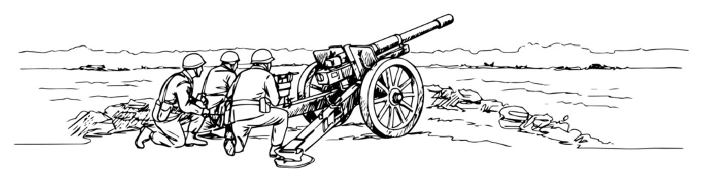 artillery crew loading cannon in trench &ndash; outline military operation graphic