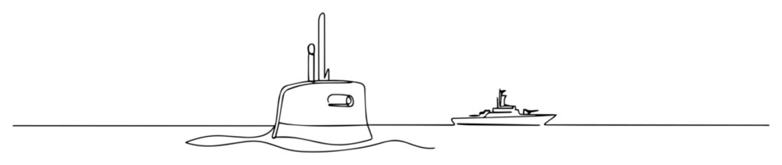 submarine surfacing near warship – outline naval operation scene © Wieslaw